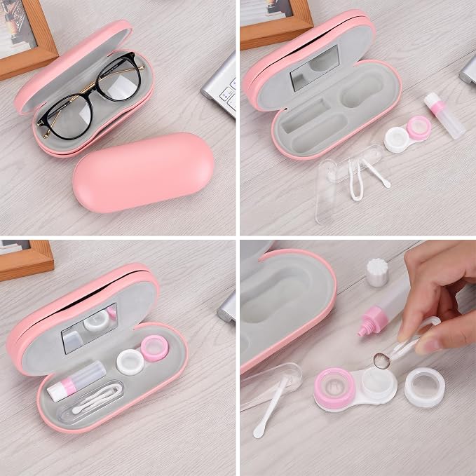 Muf 2 in 1 Contact Lens Case and Glasses Case, Double Sided Design with Mirror, Portable Travel Kit with Tweezer, Remover and Solution Bottle, Pink