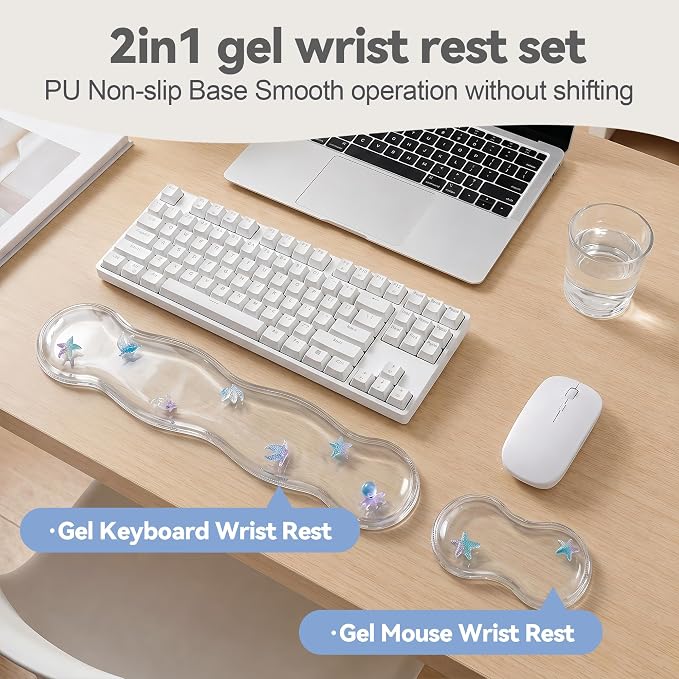 Clear Gel Wrist Rest for Keyboard and Mouse, Ergonomic Non-Slip Silicone Mouse Wrist Rest Set, Soft Comfort for Typing & Gaming Wrist Pain Relief, Fits 60%/68%/75% Keyboards (Sea Animal)