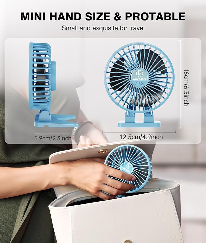 JZCreater USB Desk Fan, Mini Fan Portable, 3 Speeds Desktop Table Cooling Fan, Plug in Power Fan, Rotation Strong Wind, Quiet Personal Small Fan for Home Desktop Office Travel Bedroom, Blue