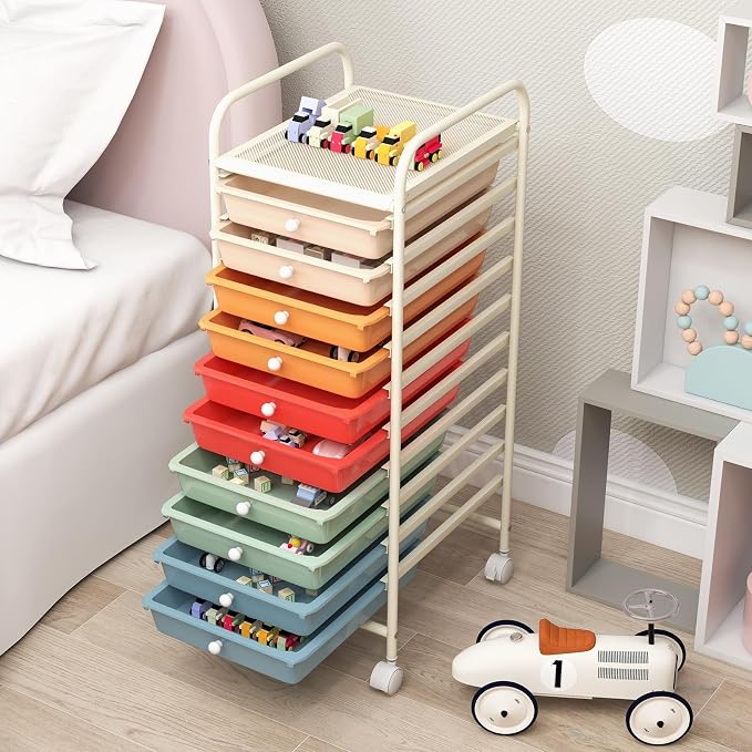 GLACER 10 Drawers Rolling Cart, Storage Cart with w/Removable Drawers & Steel Frame, Utility Mobile Trolley w/Universal Casters & 2 Brakes, Organizer Cart for Home, School, Office (Macaron)