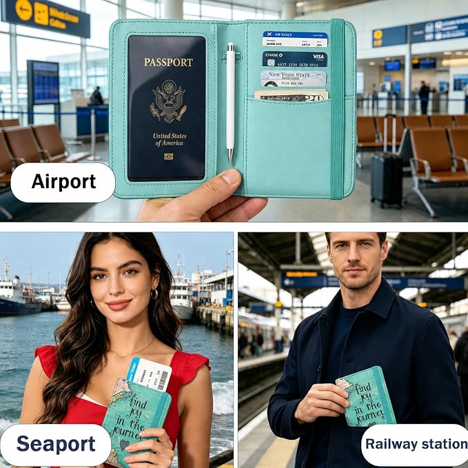 RFID Blocking Passport Holder for Travel – PU Leather Waterproof Lightweight Passport Cover Wallet for Women Men, Travel Organizer with Card Slots for Airline Tickets & Passport Book, Map