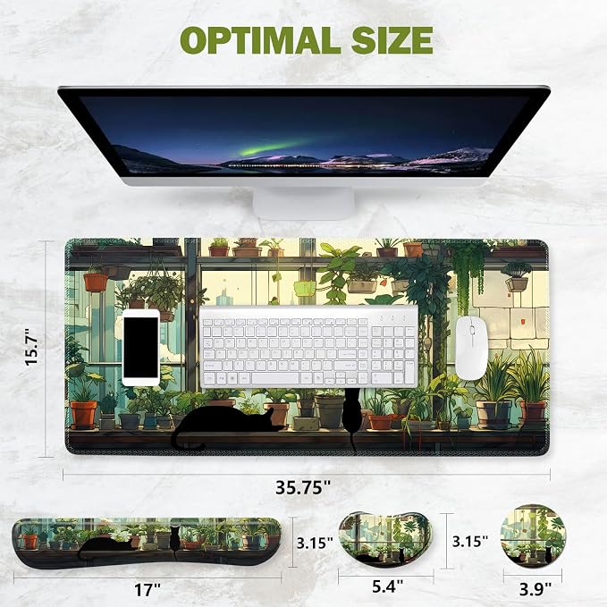 ToLuLu Extended Gaming Mouse Pad, Memory Foam Keyboard Mouse Wrist Rest Set | Large Desk Mat with Stitched Edges, Non-Slip Base Ergonomic Support Mousepad Home office, Cute Green Japanese Kawaii Cat
