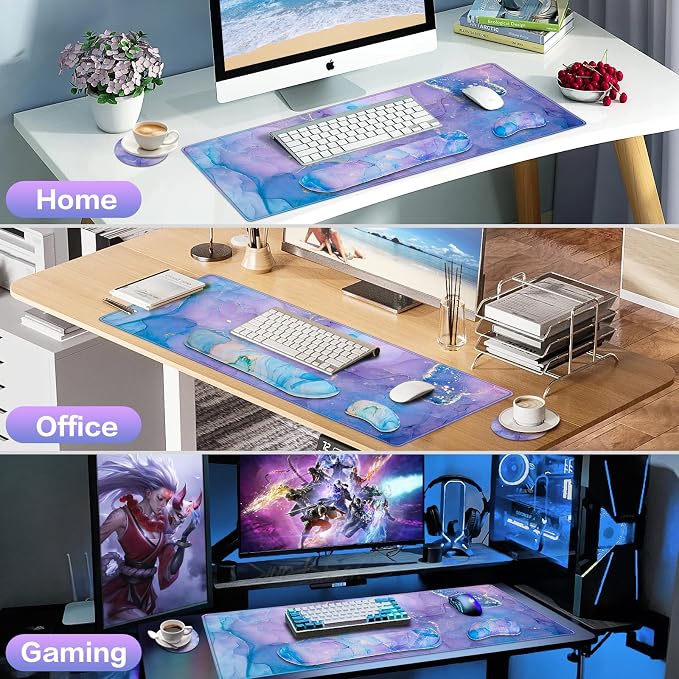 4-in-1 Mouse Pad with Wrist Rest Purple,35.4×15.7in Large Gaming Mouse Pad | Keyboard Wrist Rest+wrist Mousepad+Cup Pad,Ergonomic Mouse Pads,Anti-Slip,Waterproof Keyboard Pad for Home Office