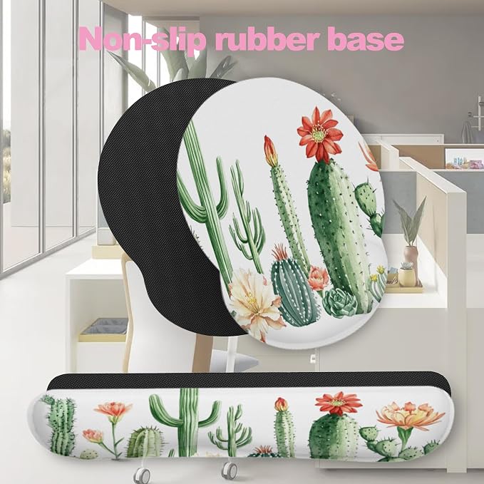 Cactus Succulent Greenery Flower Keyboard Wrist Rest Pad and Mouse Pad Wrist Support Set,3-in-1 Ergonomic Mouse Pad with Non-Slip Rubber Base for Home Office Game Computers Desk,