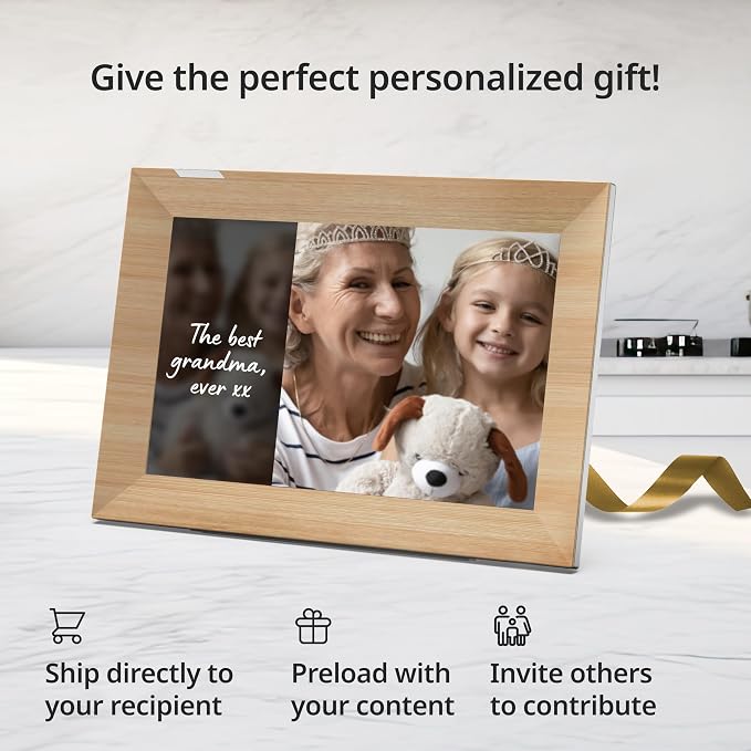 Nixplay Digital Touch Screen Picture Frame with WiFi - 10.1” Photo Frame, Connecting Families & Friends (White/Wood)
