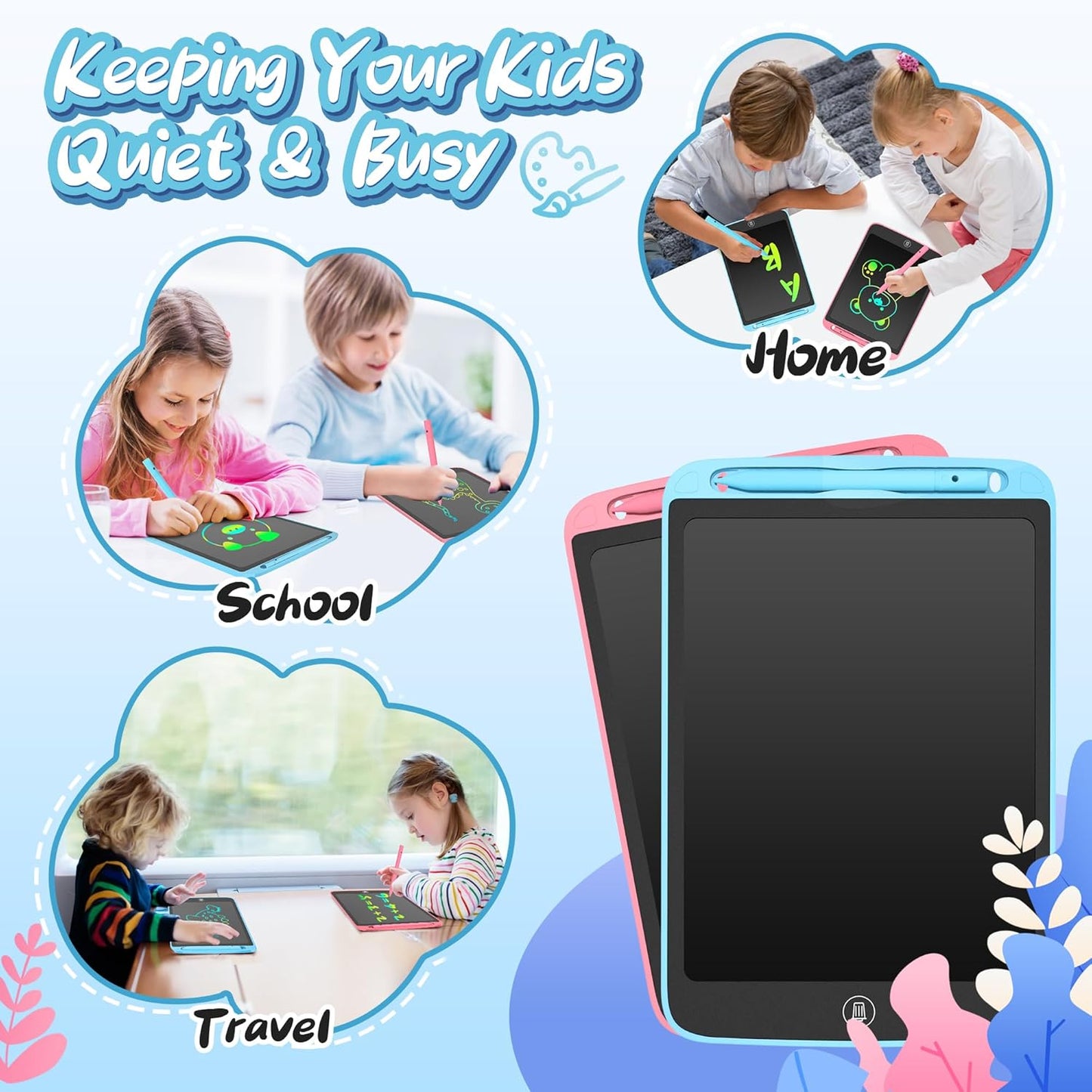 LCD Writing Tablet for Kids 10 Inch, 2 Pack Colorful Doodle Board for 3 4 5 6 7 8 9 10 Year Old Kids, Sensory Toys Educational Erasable Sketch Pad Toys for Toddler Girls Boys Learning (Blue+Pink)