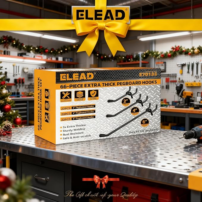 ELEAD 66-Piece 2/4/6 Inch Extra Thick Pegboard Hooks, Heavy Duty Peg Board Organizer Accessories, Peg Board Tool Hangers Fit for 1/4" Pegboard Hanging Tools Garage, Workshop, and Craft Storage