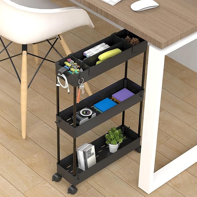 2-piece Set Slim Storage Cart 3 Tier,Bathroom Organizer Rolling Utility,Mobile Shelving Unit Slide Out for Office, Kitchen, Laundry Room & Narrow Places