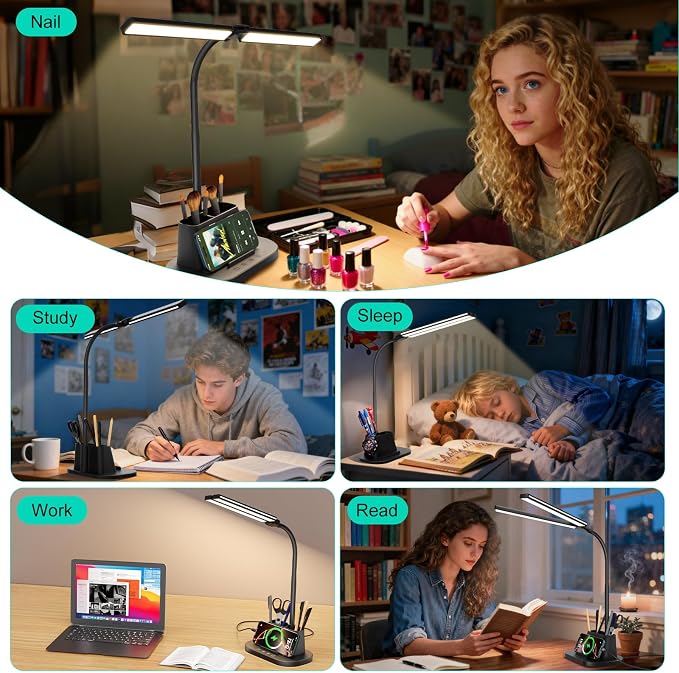 Desk Lamp with USB-C Charging Port and Organizer Base, LED Desk Light with Pen Holder, Phone Stand, 25 Lighting Modes, Flexible Gooseneck Touch Lamp for Home Office, Study Desk, College Dorm Room