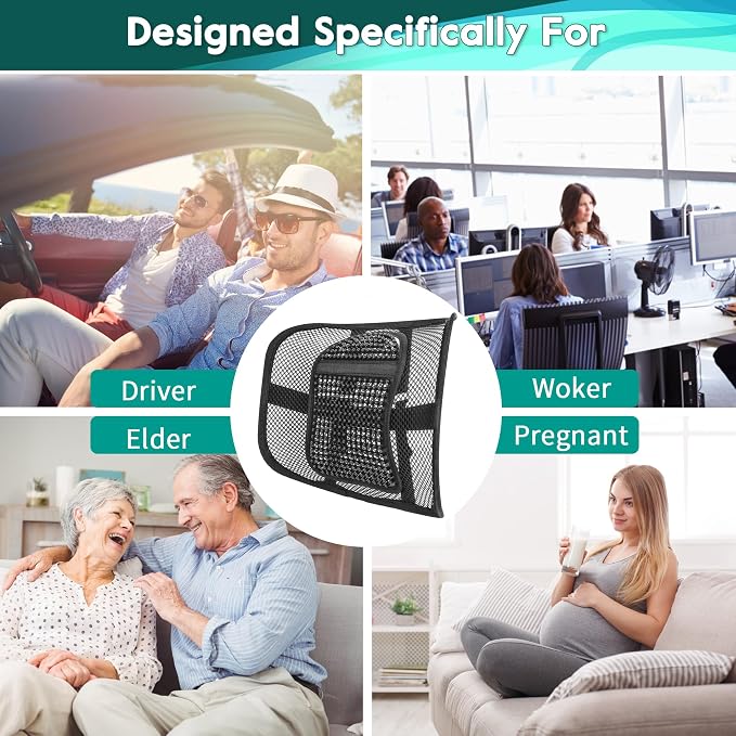 Samyoung Mesh Lumbar Support for Office Chair and Car Seat | 12 x 16 Inch Breathable Double-Layer Mesh Back Support with Elastic Chair Strap & Support Beads for Firm, Comfortable Support