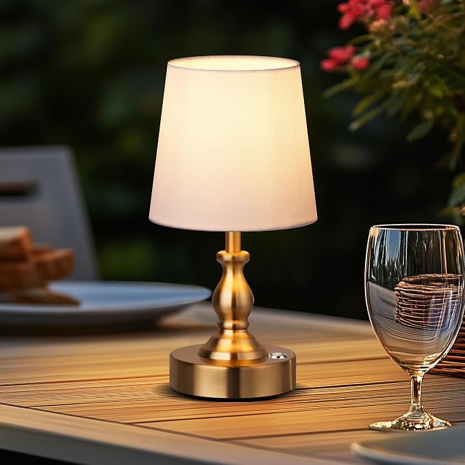 Mini Cordless LED Table Lamp, 5200mAh Rechargeable Battery Operated Lamp, 3-Level Brightness, Touch Dimmable Desk Lamp, Bedside Night Light for Patio Camping Restaurant Home, Antique Brass
