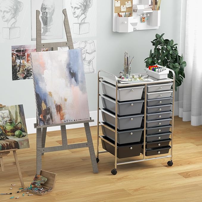 GLACER 15 Drawers Rolling Storage Cart, Steel Frame Craft Organizer Cart | Utility Cart w/Lockable Wheels & Sleek Handle, Mobile Art & Tool Supply Trolley for Teacher, Home, School, Office (Grey)