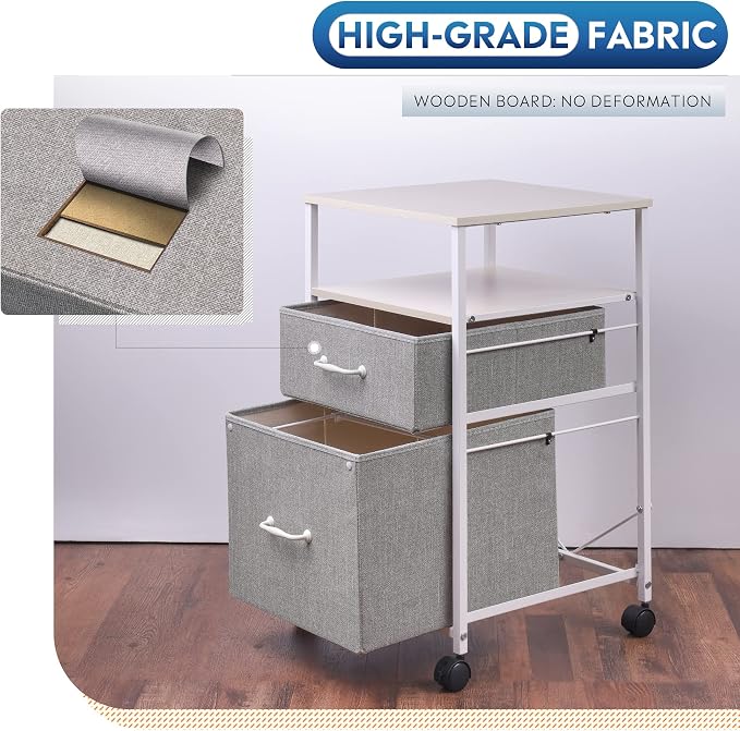 DEVAISE 2 Drawer Mobile File Cabinet with Open Storage Shelf | Rolling Printer Stand, Fabric Vertical Filing Cabinet fits A4 or Letter Size for Home Office, Light Grey
