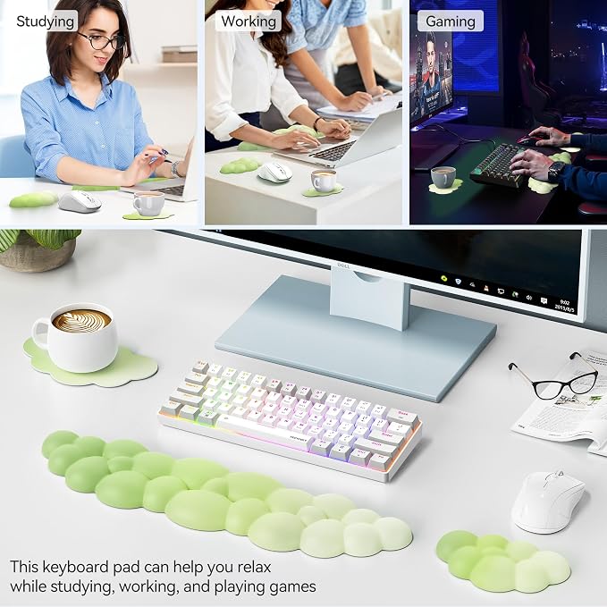 TECKNET Cloud Keyboard Wrist Rest Set, Cloud Wrist Rest with Non-Slip Base, PU Leather Wrist Pad for Keyboard with Ergonomic Memory Foam for Computer Laptop Gaming & Pain Relief, Gradient Green