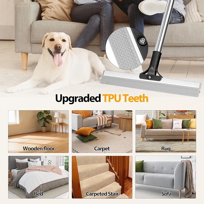Carpet Rake for Pet Hair Removal, Dual-Action Hair Remover, Black | 2 in 1 TPU and Copper Rake Teeth, 54’’ Adjustable Long Handle, Reusable Cat & Dog Fur Broom for Carpets,Rugs, Mats,Car