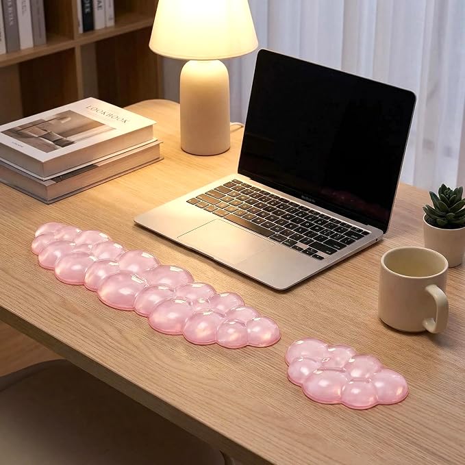 Gel Cloud Wrist Rest Set, Clear Gel Cloud Keyboard Wrist Rest with Non-Slip Base, Ergonomic Wrist Support for Typing Pain Relief, Cute Wrist Pad for Office, Gaming, Computer, Laptop - Pink