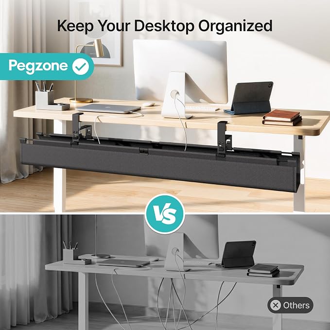 PEGZONE No Drill Under Desk Cable Management Tray, 47.2" Fabric Organizer | Clamp/Screw Premium Mount Cord Holder, for Power Strips, Adapters, with 2 Hooks & 1 Tie Roll for Home Office Gaming, Black