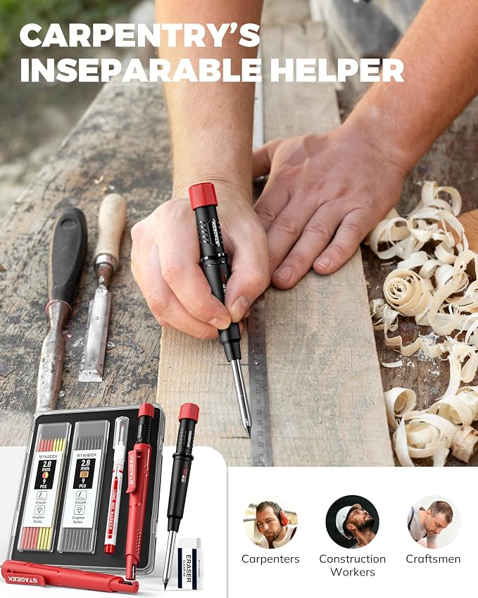 STAGEEK 2.8mm Mechanical Carpenter Pencils with Sharpener, Storage Case | 19 Refills, Construction Pencil Heavy Duty Woodworking Tools, Waterproof Deep Hole Long Nib Marker Pens for Architect Marking