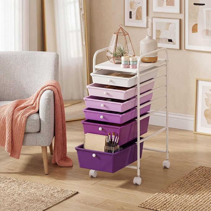 COSTWAY 6-Drawer Rolling Storage Cart, Art Craft Tools Organizer on Wheels | Multifunctional Heavy Duty Utility Mobile Storage Trolley w/ 2 Lockable Wheels for Home Office School (Purple Gradient)