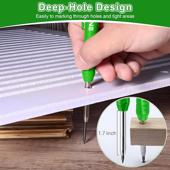 Hiboom 4 Pack Carpenter Pencil with 36 Refills Built In Sharpener (Green) | Concrete Wood Metal, Deep Marking, Multi-Color Refills, 2.8mm Lead, Construction Work, Waterproof, Carpenter Builder DIY