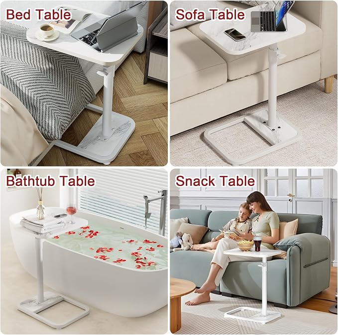 GOYLSER C Shaped Tv Trays Living Room End Table End Stand, White Marble Minimalist Wooden C Table for Sofa, Height Adjustable Tv Tray Tables Side Table for Dinner Eating