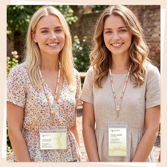 Teacher Lanyard for ID Badges Wooden Beaded Lanyard with ID Holder for Teachers Doctors Office Staff in Schools, Hospitals, and Workplaces Carrying Keys or Access Cards