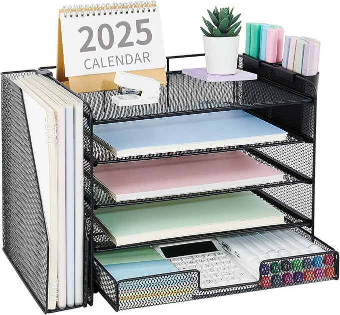Desk Organizer, 5-Tier Desktop File Organizer with Drawer and Pen Holders, Office Desk Accessories, File Sorters, Workspace Organizers for Office Supplies(Black)