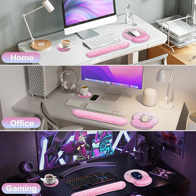 Mouse Pad with Wrist Rest Set Pink, 3-in-1 Wrist Support Mousepad Set,Gaming Mat Pad with Anti-Skid Base,Ergonomic Mouse Pad,Memory Foam Keyboard Gel Wrist Rest