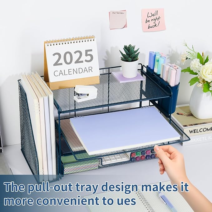 Desk Organizer, 4-Tier Desktop File Organizer with Drawer and Pen Holders, Office Desk Accessories, File Sorters, Workspace Organizers for Office Supplies(Dark Blue)