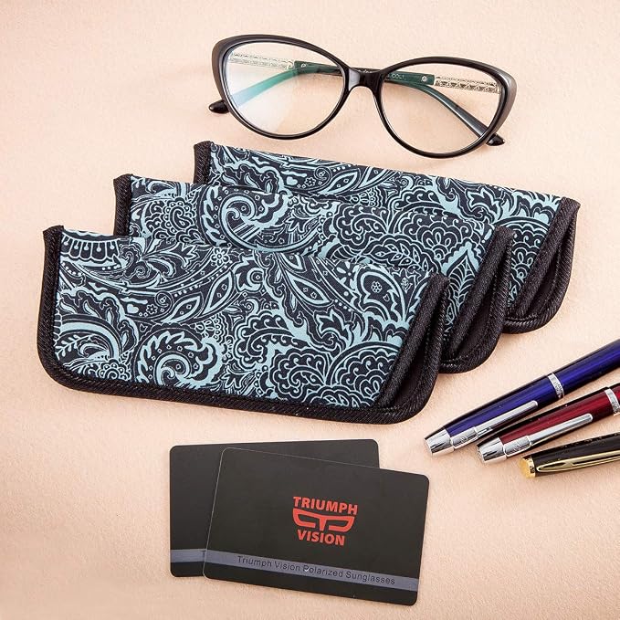 TRIUMPH VISION 3 Pack Reading Glasses Pouch Soft Case Eyeglass Sleeve Slim | Alternative to Bulky Case in bag, Lightweight Lined Padded Protect Optical lens Slip in, Cute Pattern Portable for Daily Use