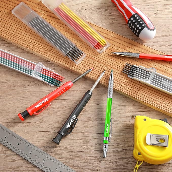 Enhon 4 Pack Carpenter Pencil Set with Sharpener, Green/Red/Black/Yellow | 45mm Deep-Reach Tip, 36 Refill Leads, 2mm & 2.8mm Lead Sizes, Durable Construction, Pocket Clip, Multi-Surface Drawing