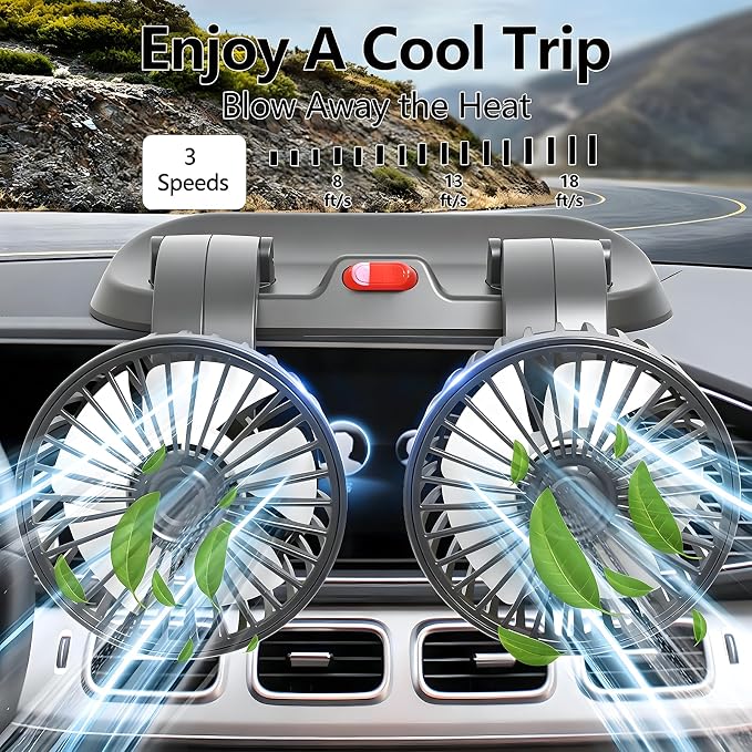 Dual Head 5V Car Fan for SUV Truck RV with No AC,Adjustable Car Cool Fan, Dual Head Design, 2-speed Adjustable, 360° Rotating Portable Car Fan,Powered by USB