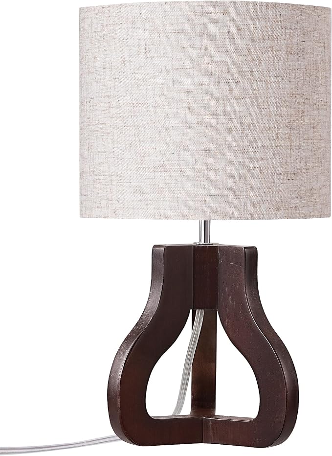 EDISHINE 14.6" Small Table Lamp, Walnut Wood Nightstand Lamp, E26 Base | Beige Linen Shade, On-Off Line Switch, Tripod Base, Cute Bedside Lamp for Living Room, Bedroom, Office