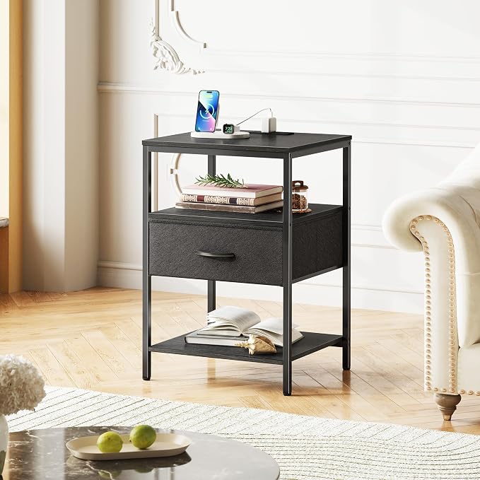 SUPERJARE Nightstand with Charging Station, USB-C Port, Bedside Table | 27.7 Inch Tall Nightstand with Adjustable Fabric Drawer, Large Dresser for Bedroom, Living Room, Black