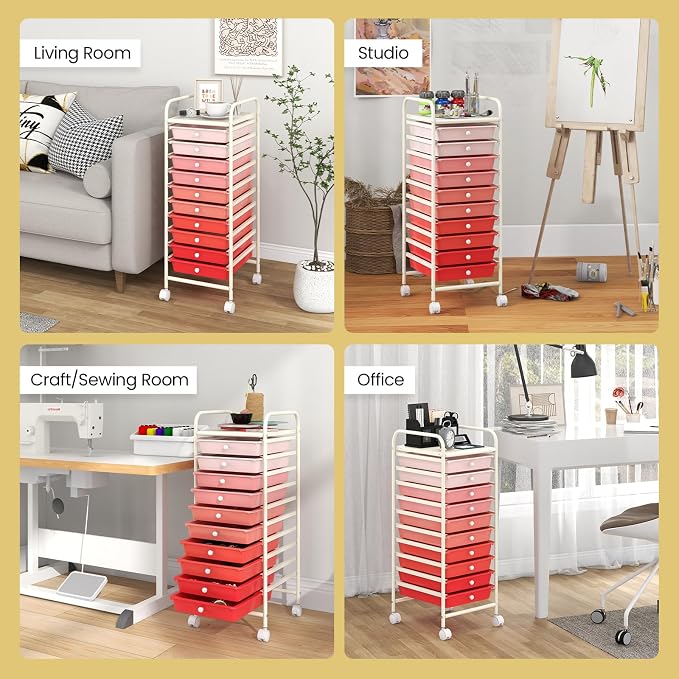 COSTWAY 10-Drawer Rolling Storage Cart, Utility Mobile Trolley | Removable Drawers & Universal Casters & 2 Brakes, Versatile Flexible Drawer Organizer Cart for Home, Office (Mixed Pink)
