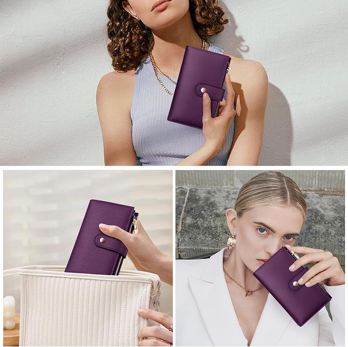 Womens Wallet RFID Blocking Vegan Leather Trifold Clutch Credit Card Holder Ladies Travel Wallet Purse with Passport/Pen Holder