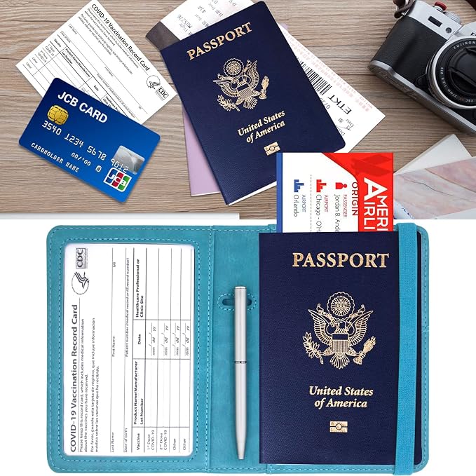 Passport Holder for Travel, RFID Blocking Passport Cover with Vaccine Card Slot, Leather Travel Wallet Combo & ID Organizer for Women, Teal