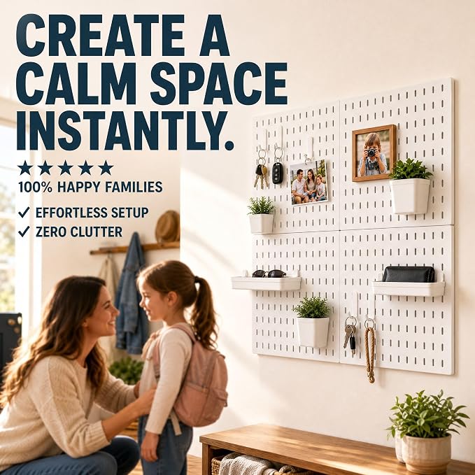 AKTOP Plastic Peg Board Wall Organizer 4-Pack, 12"x12" Pegboard Kit, White | Includes 13 Accessories, Adhesive or Drill Mounting, Superior Load Capacity, Ideal for Office, Gaming Room, Craft Room