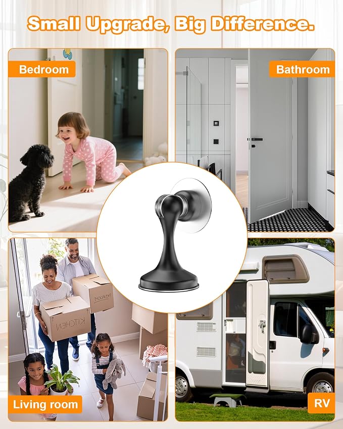 Crosize Magnetic Door Stoppers 8 Pack, Stainless Steel Door Stops for Wall and Floor Mounting, Door Holder Keep Door Open, No Drilling Door Stop with 3D Adhesive Tapes, Black