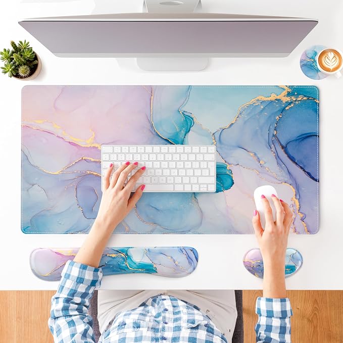 QIYI PU Leather Desk Mat Set, 4-in-1 Ergonomic Wrist Rest, Blue Pink Fluid | Waterproof Large Mouse Pad 31.5×15.7 + Keyboard Wrist Rest + Mouse Wrist Support+Coaster, Non-Slip Office Gaming Accessories