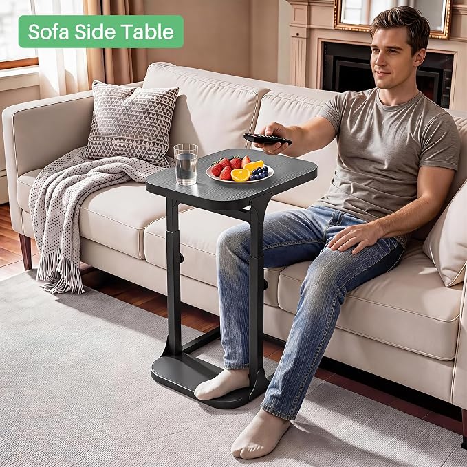Kitstorack Height Adjustable End Table 2 Pack, Small Side Table for Couch, Sofa Table with Metal Frame for Living Room, Bedroom, Bedside C Shaped Table,Gray