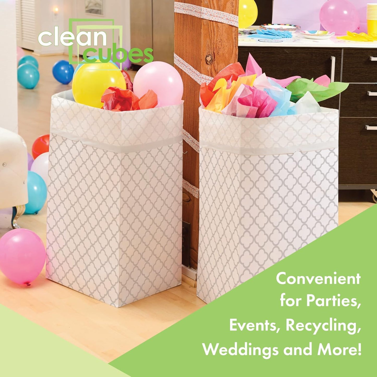 | 30 Gallon Disposable Trash Cans (3-Pack) with Fitted Trash Bags - Reusable Garbage and Recycling Bins for Parties, Events, and More (Trellis - 30” Height x 17” Width x 14” Depth)