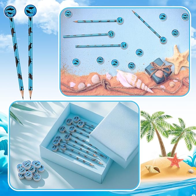 32 Pcs Summer Shark Pencil with Eraser Party Favors Gifts Shark Pen Goodie Bag Filler Under the Sea Theme Stationery Set for School Classrooms Exchange Reward Prize Home Office School Supplies