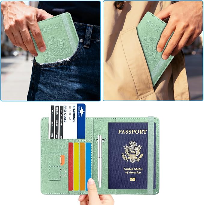 ACdream Passport Holder Cover, Leather Travel Wallet Case, RFID Blocking Document Organizer Protecrtor, with Slots for Credit Cards, Boarding Pass, for Women and Men, Agave Green