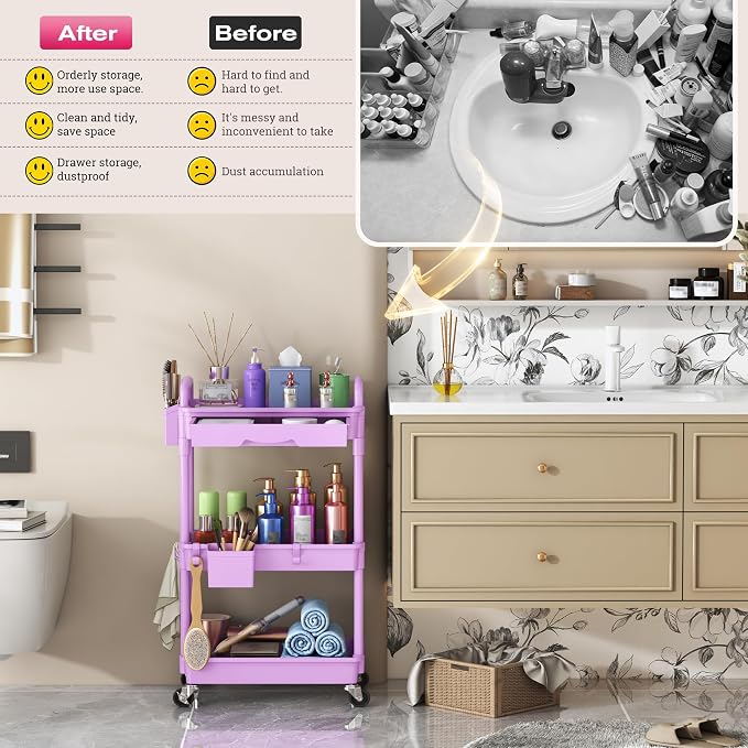 Goovilla Rolling Makeup Organizer Cart with Removable Drawer, 3 Tier Purple | Stable Floor Skincare Storage Cart for Vanity, Cosmetic Display, Nail Polish, Perfume, Hair Stuff, Beauty, Bathroom(Plastic)