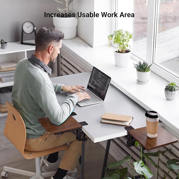 BONTEC Ergonomic Desk Extender Tray, 9.5"x9.1" Table Mount Arm Wrist Rest Shelf, 90° Foldable Elbow Support, Clamp on Computer Arm Rest for Desk, Office & Home Use, Durable & Easy to Install, Walnut