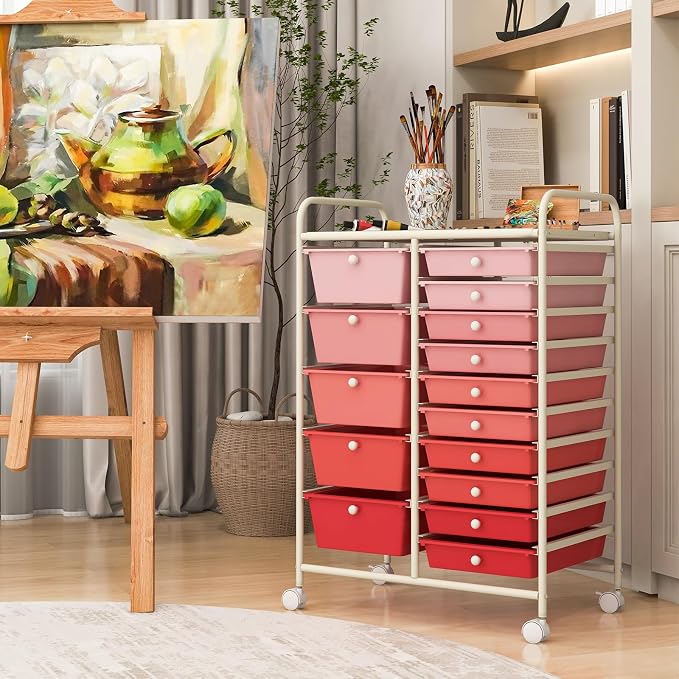 COSTWAY 15 Drawer Rolling Storage Cart, Mobile Storage Organizer | Removable Drawers & Metal Frame, Multipurpose Utility Tools Paper Organizer on Wheels for Home, Office (Mixed Pink)