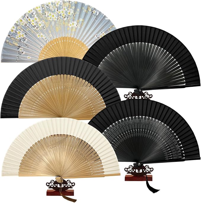 EOSAU Bamboo Hand Fan Foldable 8.3 Inch, Portable Folding Fan with Pouch for Church Wedding Makeup, Small Decorative Cooling Fan for Women (Black/Solid)