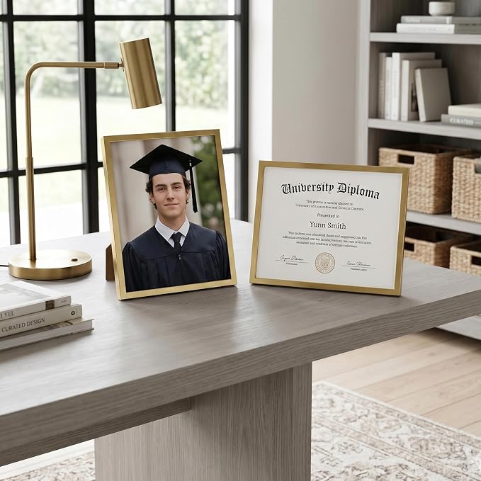 Americanflat 8.5x11 Picture Frame with Shatter-Resistant Glass - Streamline Collection - Thin Border Photo Frame for Tabletop and Wall Display - Hanging Hardware and Easel Stand Included - Gold