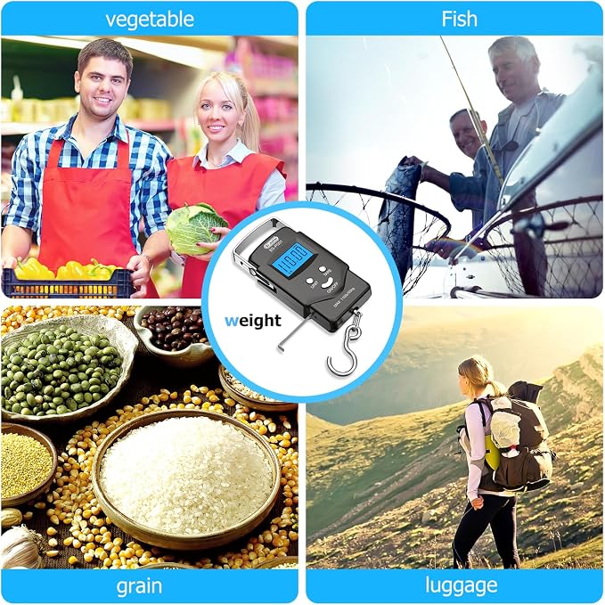 Dr.meter Fish Scale, 110 lb Digital Luggage Scale with Tape | 110 lb Capacity, Backlit LCD, Built-In Tape, Includes 2 AAA Batteries, Compact Pocket Size